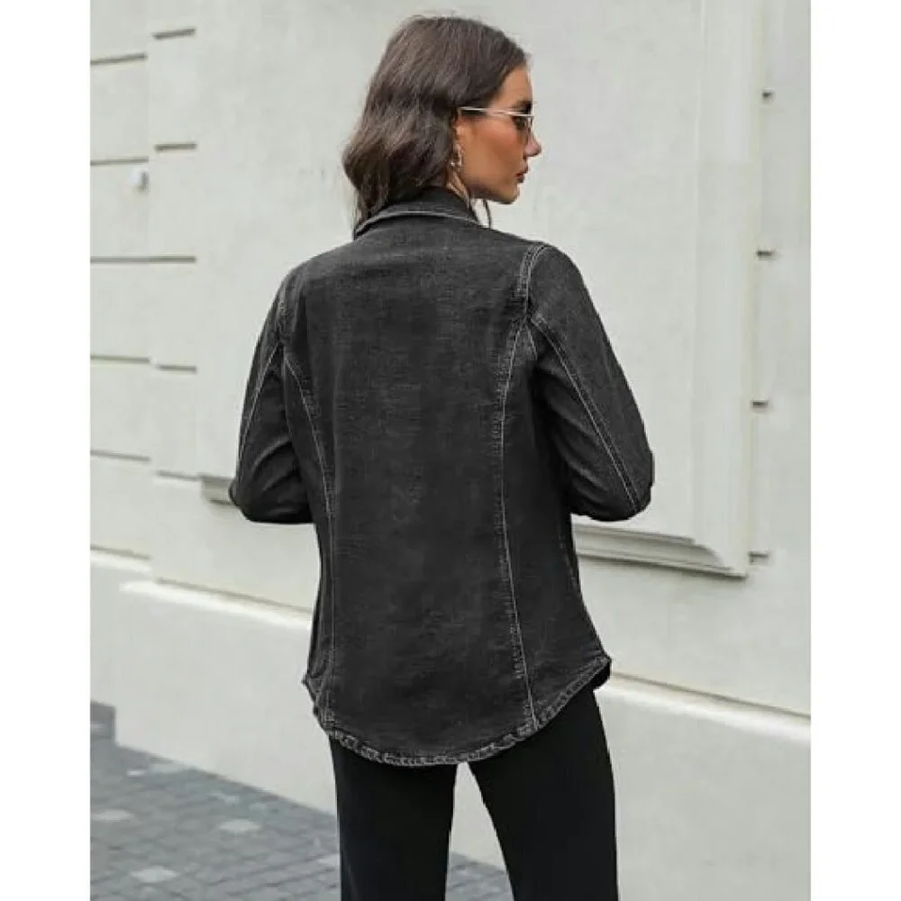 Oversized Denim Shacket with Pockets Western Style Button Up Jacket